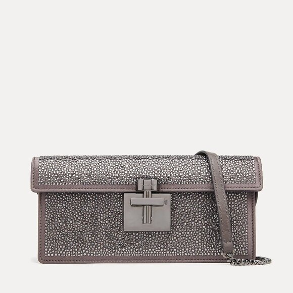 Oscar de la Renta Alibi Slim Crystal Pave Satin Shoulder Bag - Gray - Picture 1 of 9